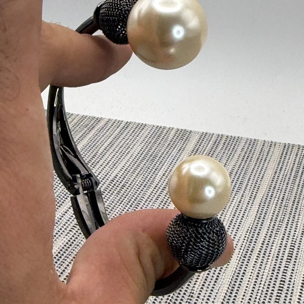 Gunmetal Faux Pearl Hinged Cuff Bracelet Black Mesh Bead Asymmetrical Statement
